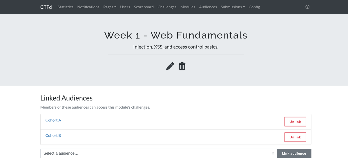 A module in the Admin Panel with two audiences linked to it