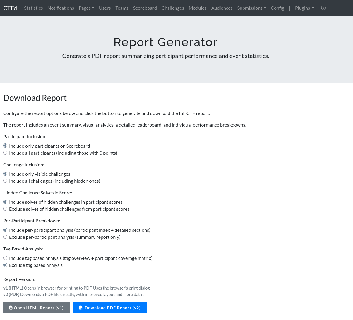 Report Generator options page